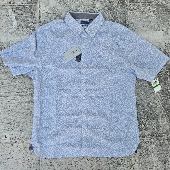 Van Heusen Men Shirt Short Sleeve Slim Fit Never Tuck White/Gray Size L/G NWT - Picture 1 of 10